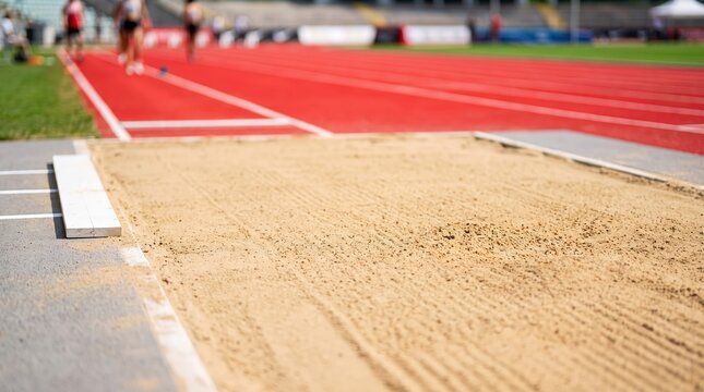 Professional Long Jump Sand Pit Area at an Outdoor Athletics Stadium Track