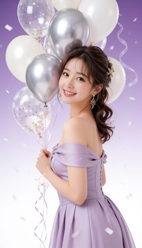 シルバーと白の風船を持って微笑むラベンダードレスの若い女性のお祝いイメージ