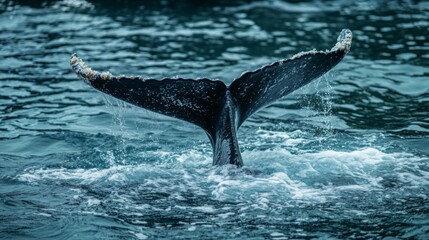 Naklejka premium Majestic Whale Tail Breaking the Surface in Clear Turquoise Water with Gentle Waves and Light Reflections