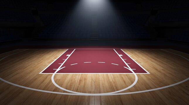 Spotlit hardwood basketball court in a dimly lit arena, ready for competitive action