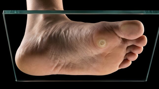 Close up of wart on sole of human foot isolated on black background.
