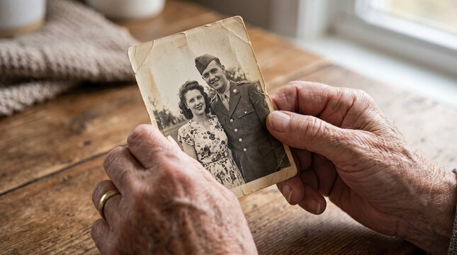 Elderly woman holding old photo of young couple, cherishing past memories indoors. Wrinkled hands carefully hold vintage old photo, revealing nostalgic moment with military uniform.