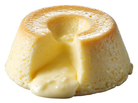 Creamy vanilla pudding with a rich molten custard center flowing from a cut section, isolated on a white background.