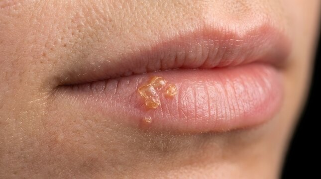 Macro view of cold sore blister on human lip showing viral infection and crusting surface.