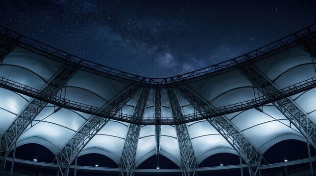 Modern stadium canopy illuminated at night, showcasing architectural grandeur under a starlit sky