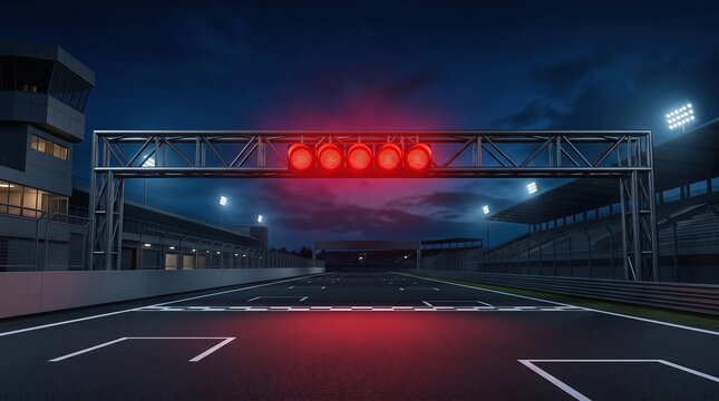 Start Line With Glowing Red Traffic Lights At An Empty Motor Racing Circuit