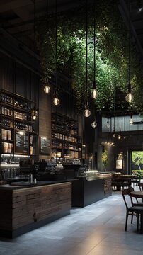 Dark industrial coffee shop interior with hanging plants and lights