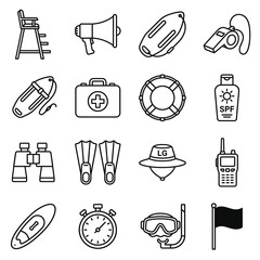 Lifeguard Equipment and Beach Safety Line Icon Set – Rescue Gear, Swimming Accessories, Emergency Tools and Water Safety Vector Collection © suka