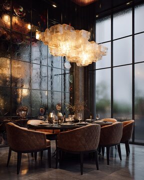 Modern luxury dining room with a glowing crystal chandelier