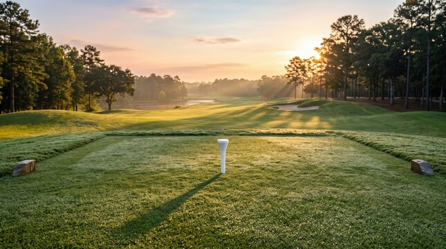 Serene Morning View of a Lush Green Golf Course at Sunrise