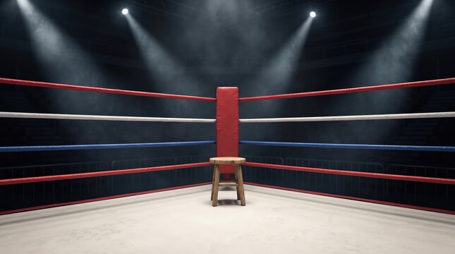Empty Boxing Ring Corner with Wooden Stool and Spotlights