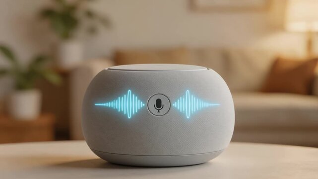 Focused medium shot of a smart speakers microphone icon with clear waveform visuals on its surface blurred living room setting in the background emphasizing voice command