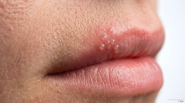 Close up view of cold sore blisters forming on lower lip caused by herpes simplex virus.