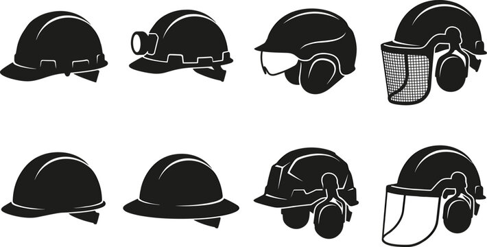 Industrial safety helmets and hard hats silhouettes set including mining cap forestry helmet with earmuffs and protective face shields