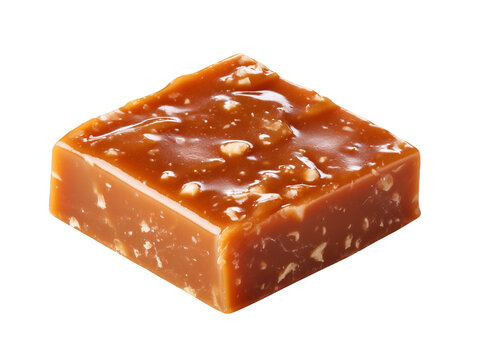 Single glossy nut toffee square isolated on a white background with a rich caramel color and smooth chewy texture.