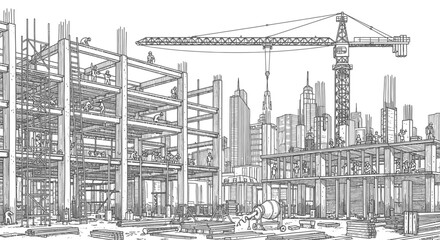 Fototapeta premium Black and white sketch illustration of a busy urban construction site with a tall crane.