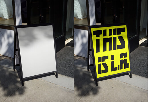 Mockup of A blank A-frame sign stands on the sidewalk in Los Angeles. It is positioned outside a shop during daylight.