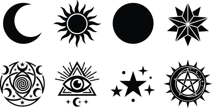Mystical celestial symbols set including crescent moon sun stars evil eye and pentagram silhouettes isolated on white background