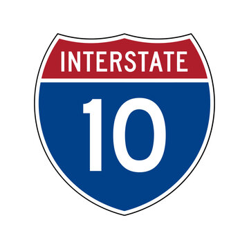 Interstate 10 road sign with red and blue shield design for highway travel and navigation Vector