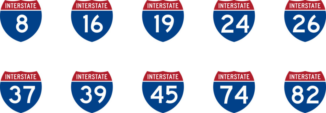 Set of american interstate highway road signs with various route numbers for travel navigation Vector