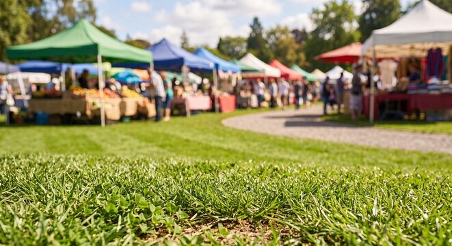 Local open air market event featuring community vendor booths and colorful shade tents on a sunny day