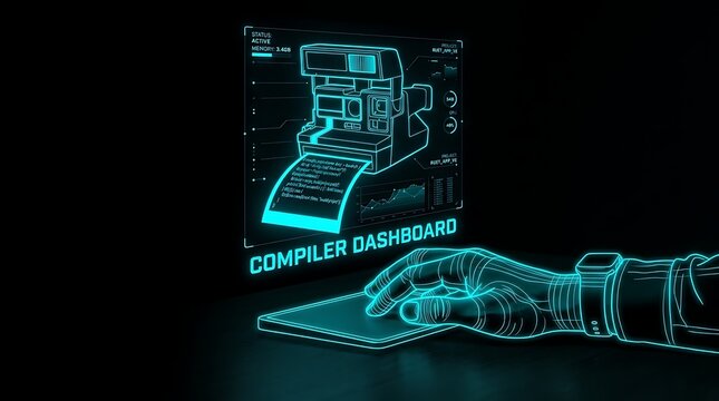 Futuristic compiler dashboard with glowing cyan holographic wireframe hand and camera interface.