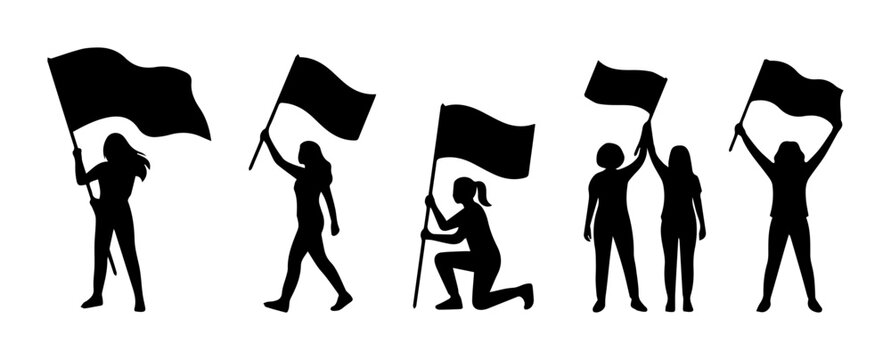 Protest march icons with demonstrators holding flags, outline solid style for UI and web design