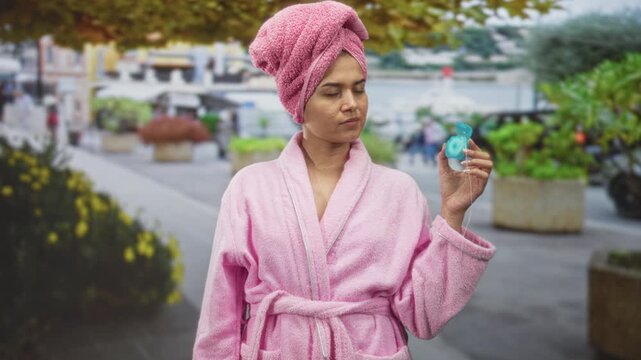 Woman in pink bathrobe holding dental floss between fingers on street promenade by waterfront; self care calm.