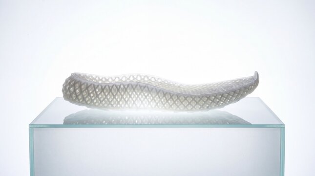 Lightweight 3D printed lattice insole displayed on a glass pedestal