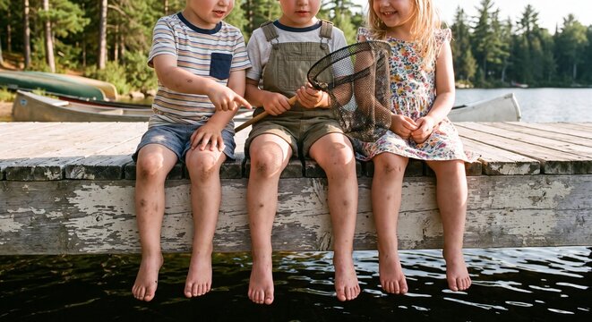 A group of three children sitting together on the edge of a wooden pier with their bare feet dangling over the water surface during summer vacation