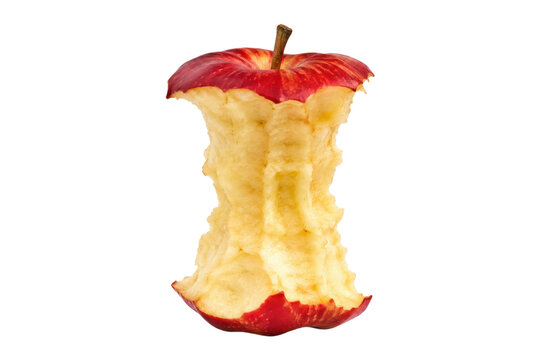 Heavily eaten red apple core with natural bite marks and stem, isolated on a white background.