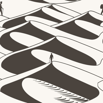 pattern, seamless design, desert, dunes, hills, sand, palm trees, bushes, rapids, waves, clouds, cyclicality, multi-structure, constructiveness, graphic repetition, singularity, geometric repetition, 