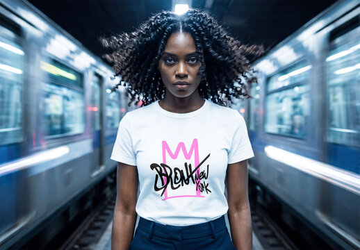 Mockup of A woman stands still in a subway station wearing a plain t-shirt. 