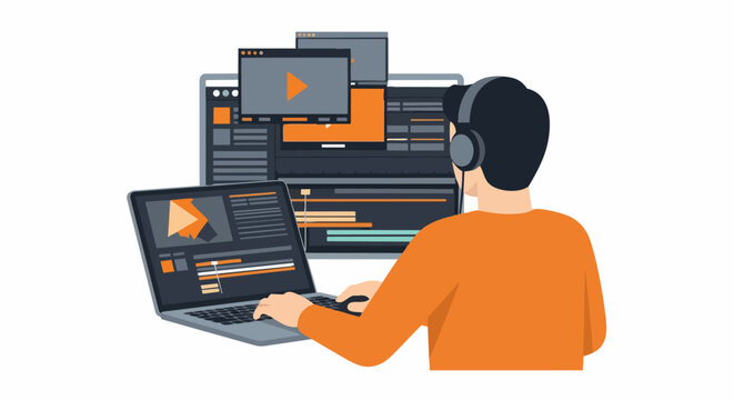 Content Creator and Video Editor Working on Multimedia Post-Production in a Modern Creative Workspace Flat Vector Illustration