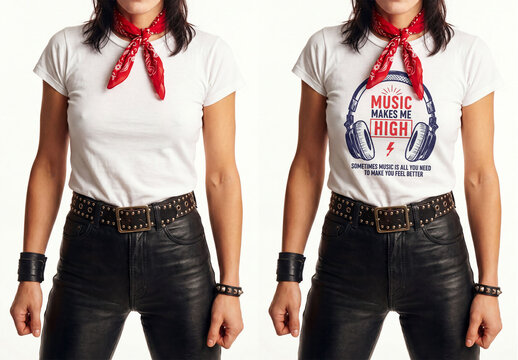 Mockup of T-Shirt & Bandana Rock&roll anonymous Woman