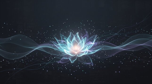 An original futuristic AI background with a soft luminous core, floating data particles, and elegant wave-like energy layers, designed for premium stock use and modern technology branding.