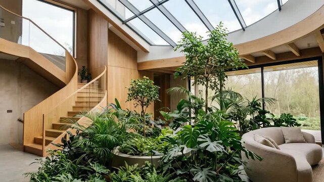 A house interior features a large glass roof and many green plants. A staircase leads to another level. The space has a sofa and natural light enters from above