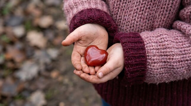 Child's hands holding red heart love care and affection concept for valentine's day