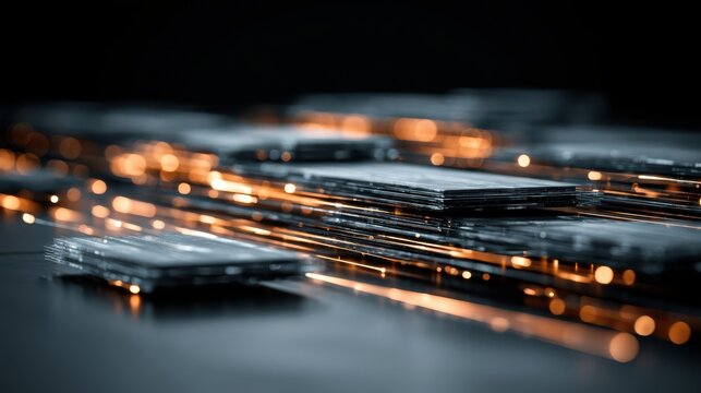 Close-up of a circuit board with glowing copper traces and electronic components, highlighting the intricate pathways of modern technology.