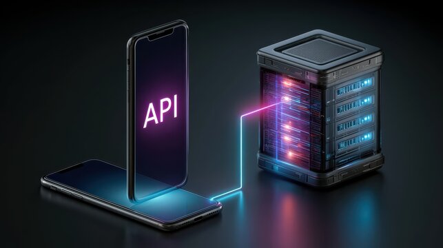 A glowing smartphone displaying "API" connected to a futuristic server rack via a neon data stream in a dark tech environment.