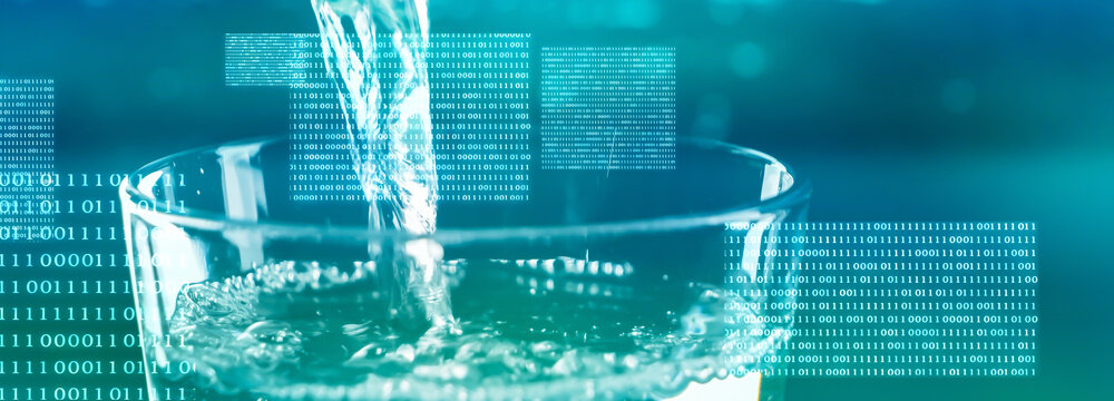 binary code isolated on water glass with pouring water jet, concept banner for digitization, tokenization of water business, water allocation and water supply