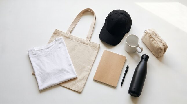 Flat lay of minimalist lifestyle accessories including tote bag cap mug and notebook on a light background