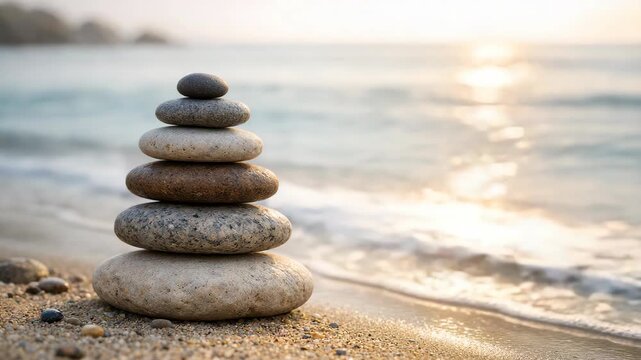 The captures a serene beach scene with a carefully stacked pile of rocks at the water's edge, reflecting the warm glow of the setting sun.