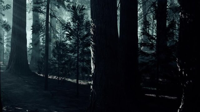 Sunlight breaks through the branches of tall trees in a dense forest. Shadows stretch across the ground. The scene captures a quiet morning where nature begins to wake up.