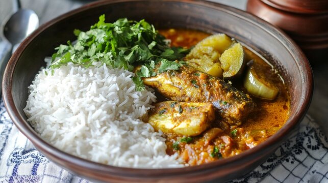 Delicious Indian Fish Curry Served with Basmat Rice and Fresh Herbs in Rustic Bowl Over Wooden Table