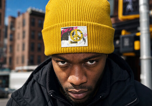 Mockup of Yellow Beanie with white label