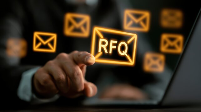 A person interacts with a digital interface displaying multiple glowing email icons, highlighting an envelope labeled "RFQ" (Request for Quote).