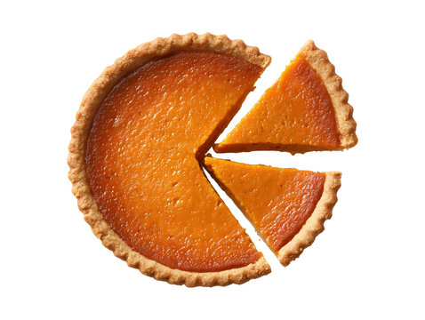 Classic sweet potato pie with a smooth orange filling and flaky crust, sliced and isolated on a white background.