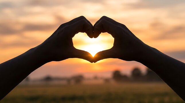 Heart shaped hands at sunset romantic love connection and golden hour photography