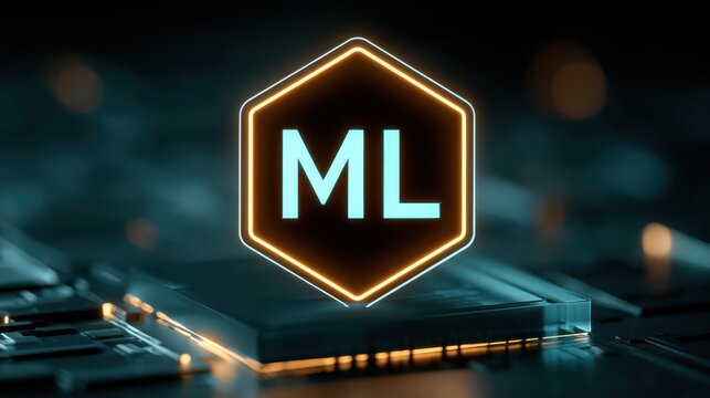 A glowing hexagon with "ML" in the center hovers above a futuristic circuit board, symbolizing machine learning technology.